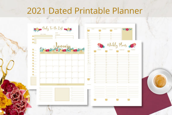 2021 Dated Printable Gold Floral Planner
